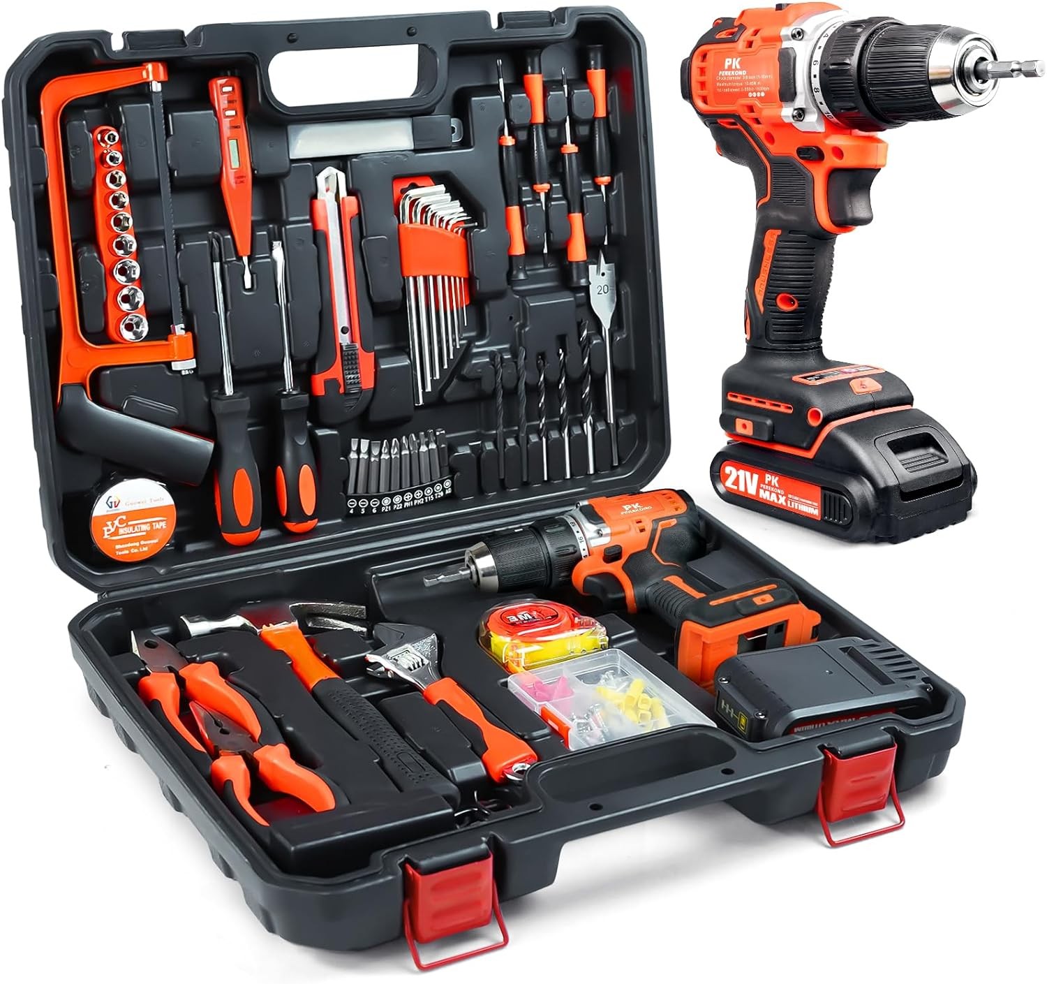 108 Pcs Cordless Drill Set, Brushless Motor 21V Electric Power Drill with Battery and Charger, 530in-lbs 3/8'' Keyless Chuck Drill Driver Kits, Tool Box Set for Repair Home Tool Kit