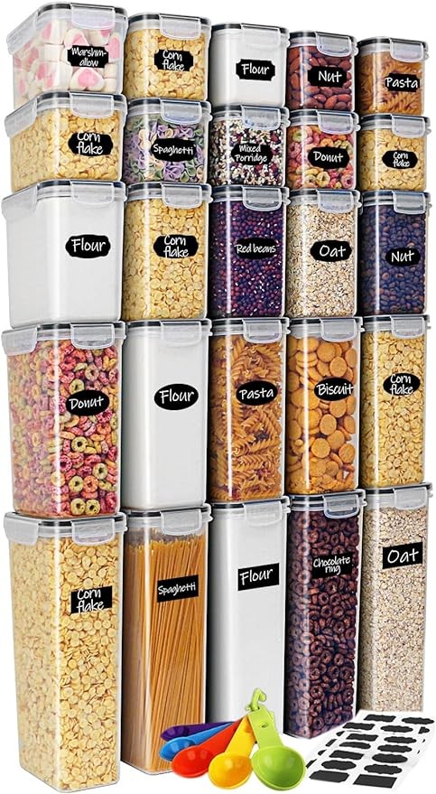 Airtight Food Storage Containers 25-Piece Set, Kitchen & Pantry Organization, BPA Free Plastic Storage Containers with Lids, for Cereal, Flour, Sugar, Baking Supplies, Labels & Measuring Cups