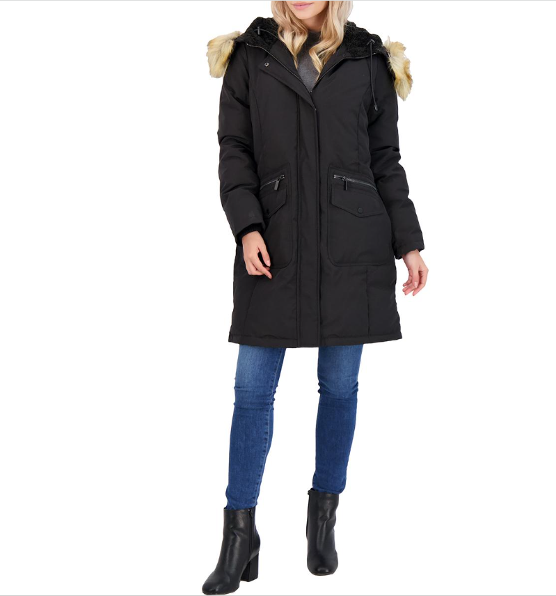 French Connection Women's Down Fill Mid-Length Parka with Faux Fur Trim Hood