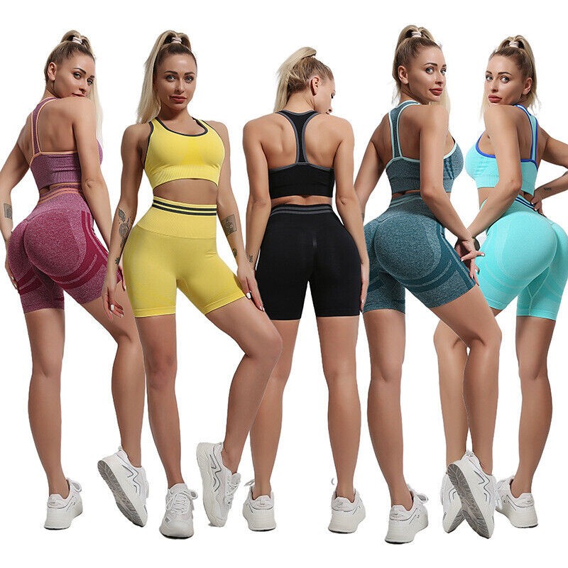 Womens Workout Yoga 2 Piece Outfits High Waist Shorts Sports Bra Gym Clothes Set