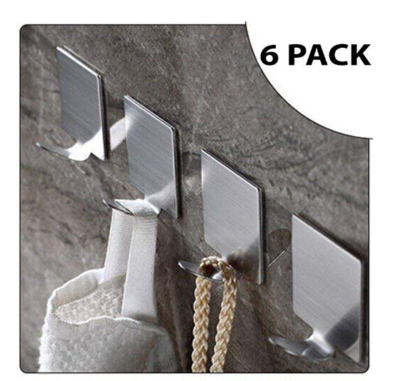 6/12 Pcs Self Adhesive Hooks Stainless Steel Strong Silver Sticky on Wall Hang
